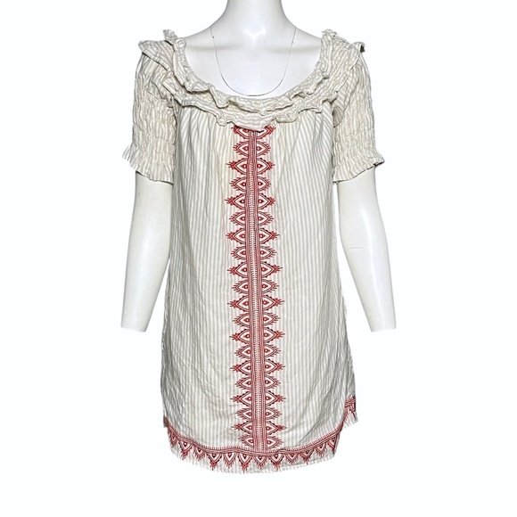 TJD The Jetset Diaries Resort Mini Dress Beige Striped Red Embroidery  Size M - Picture 1 of 7